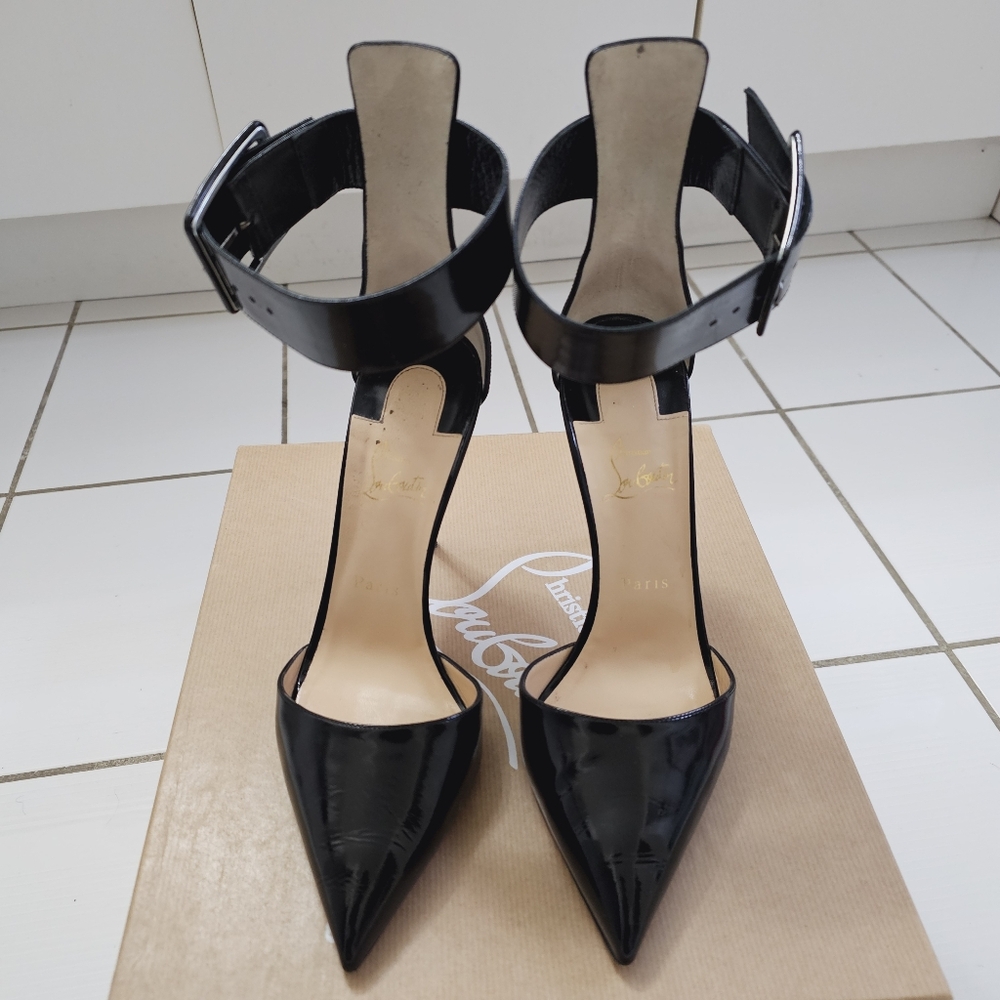 Authentic Christian Louboutin Black Patent Harler 100 Ankle Strap Pumps Sz 41 - Picture 7 of 16